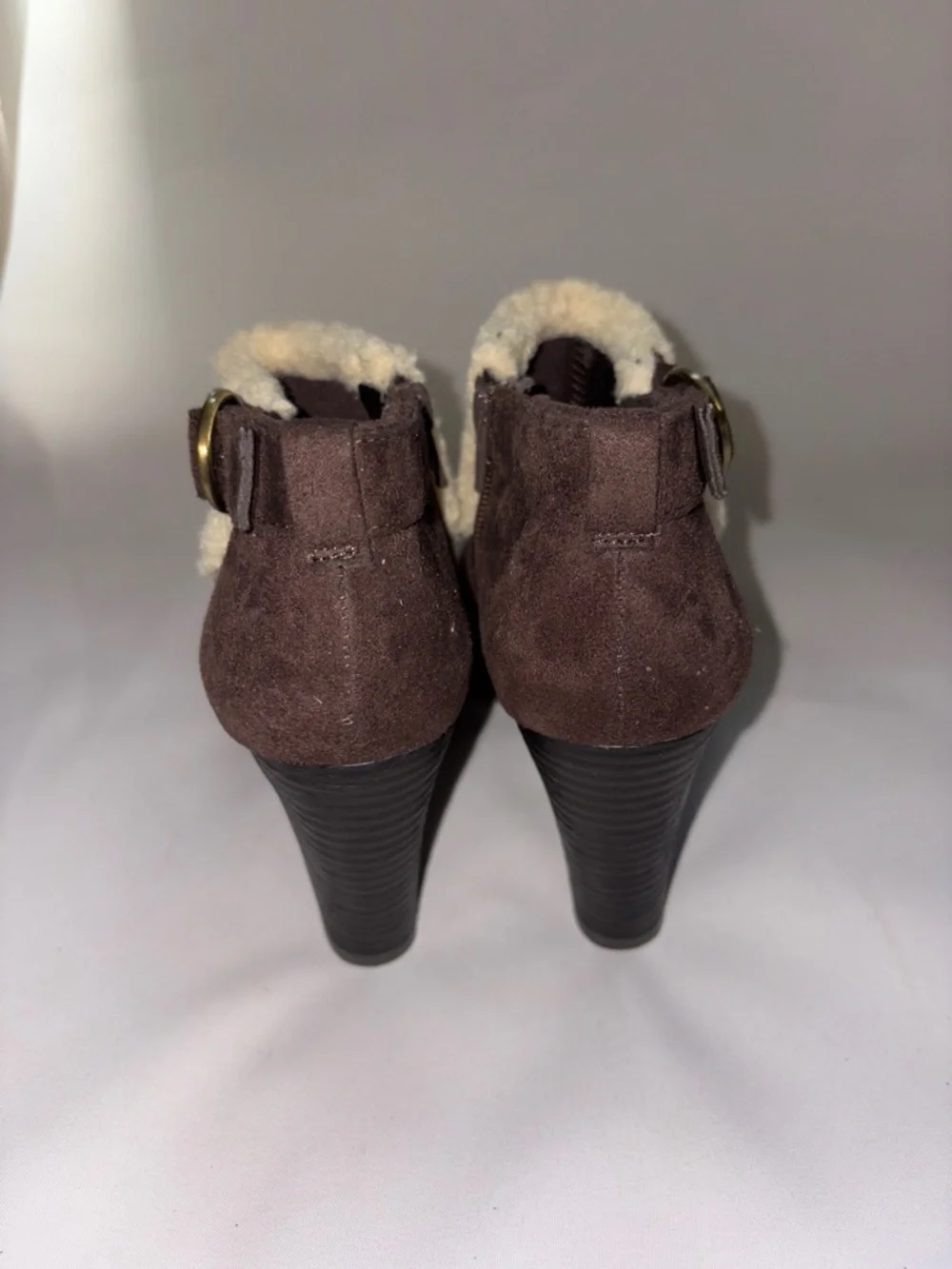Naturalizer‎ Brown Suede Heeled Booties with Cream Shearling Size 6.5